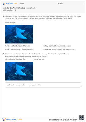 Earth Day Sea Animals Reading Comprehension